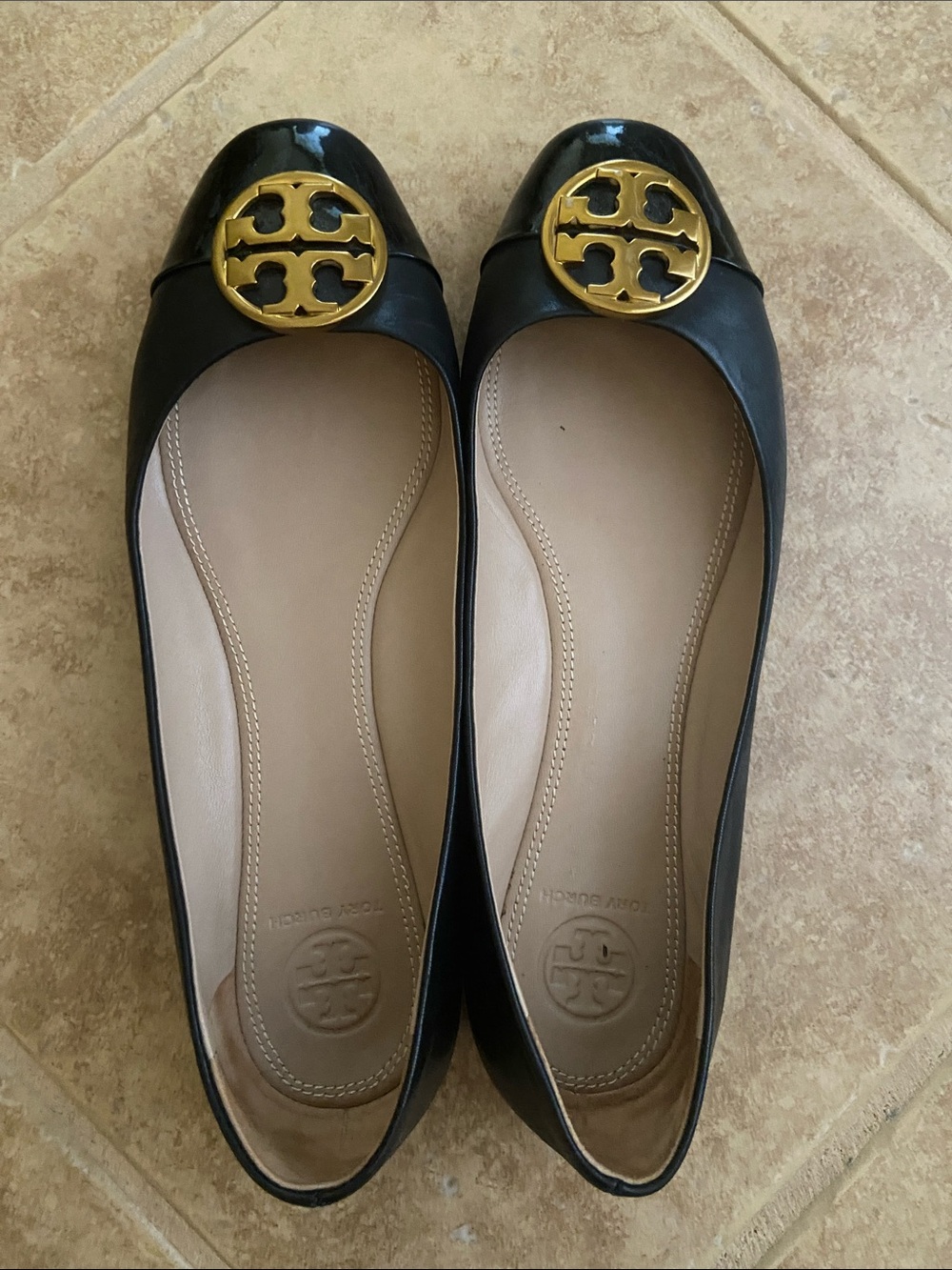 Tory Burch Black Leather Ballet Flats with Gold Logo Medallion